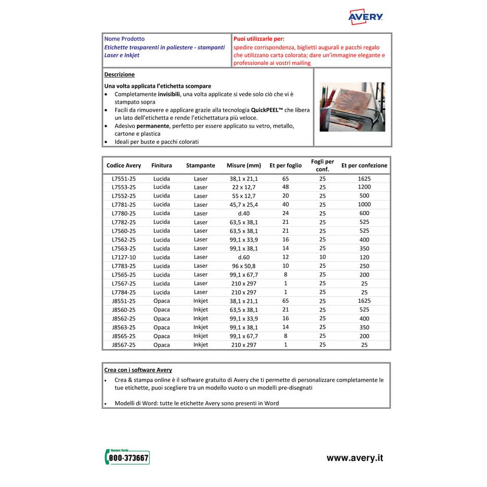 Etichette poliestere trasparenti lucide AVERY QuickPEEL™ 63,5x38,1 mm - 21 et/foglio - laser conf. 25 ff L7560-25