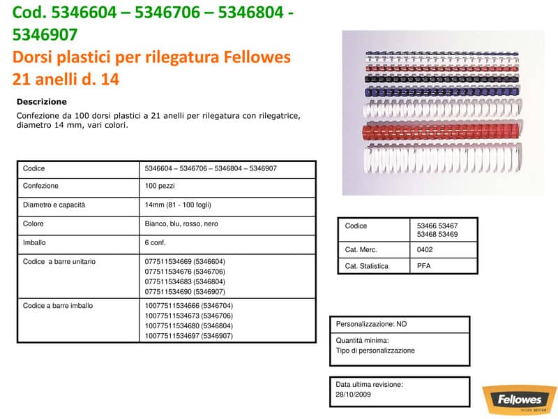 Dorsi plastici FELLOWES blu ad anello tondo 14 mm - 81-100 fogli conf.100 - 5346706