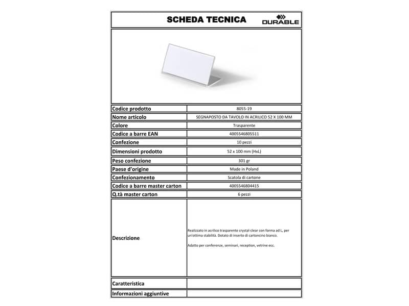 Portanomi a L DURABLE da tavolo acrilico trasparente inserto 52x100mm conf. 10 - 805519
