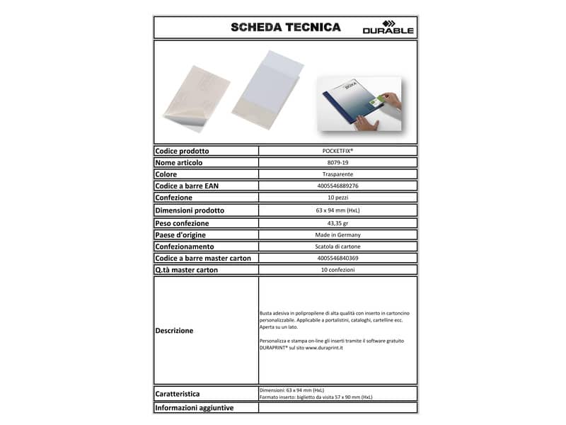 Portaetichette adesivi DURABLE POCKETFIX® 6,3x9,4 cm trasparente conf. 10 pezzi - 807919