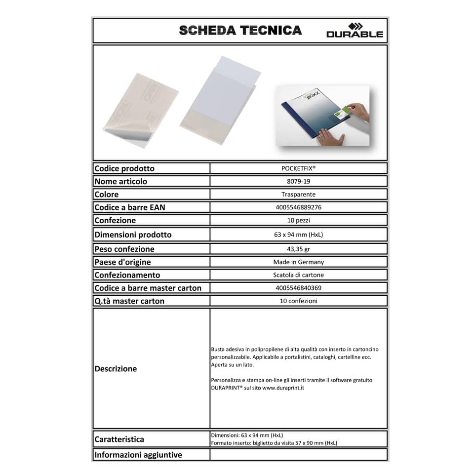 Portaetichette adesivi DURABLE POCKETFIX® 6,3x9,4 cm trasparente conf. 10 pezzi - 807919