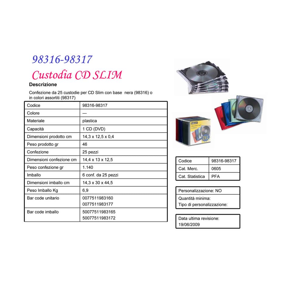 Porta CD e DVD FELLOWES jewel case slim colori assortiti conf.25 - 98317