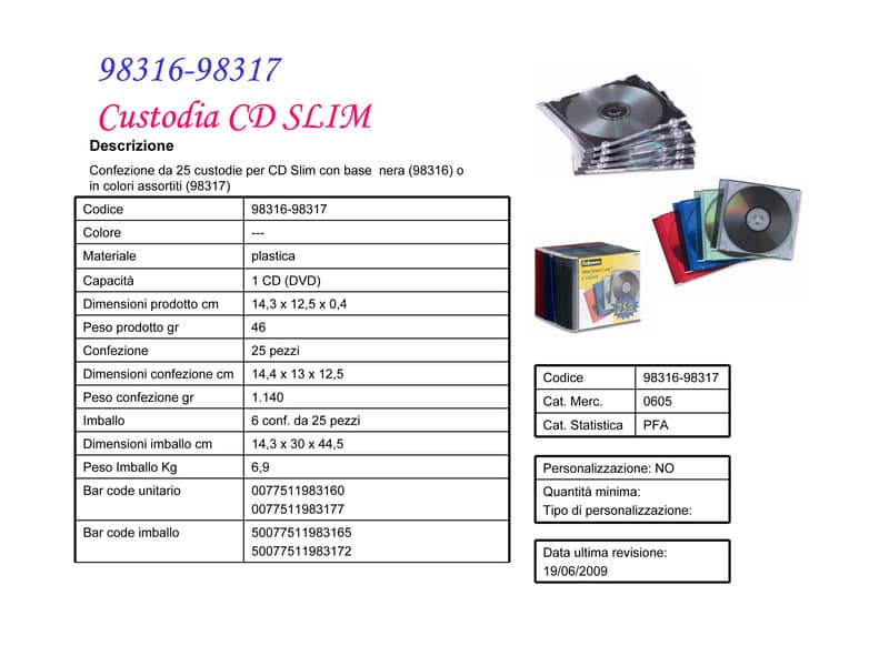Porta CD e DVD FELLOWES jewel case slim colori assortiti conf.25 - 98317