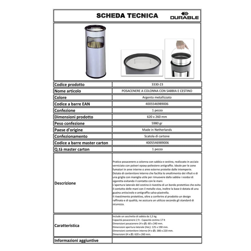 Posacenere Durable a colonna acciaio con sabbia e cestino base tonda H 62 x Ø 26 cm argento metallizzato - 333023