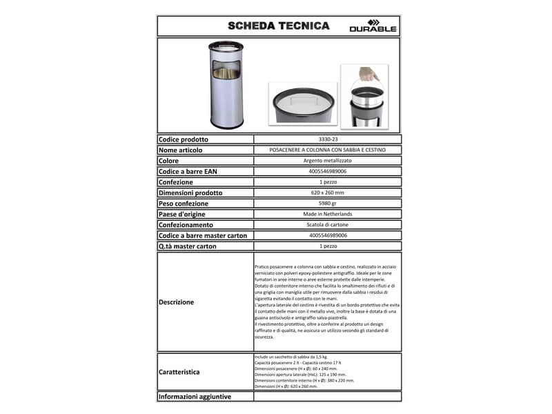 Posacenere Durable a colonna acciaio con sabbia e cestino base tonda H 62 x Ø 26 cm argento metallizzato - 333023