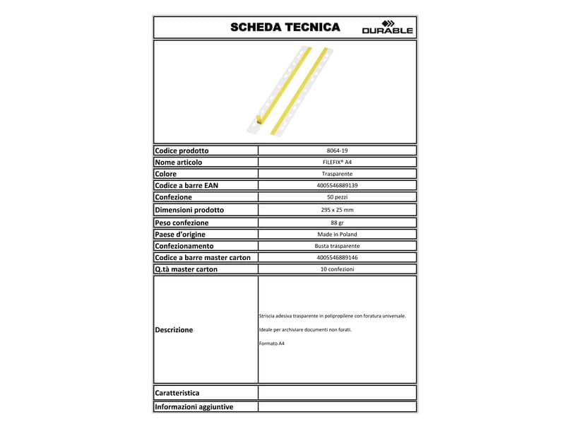 Striscie adesive a foratura universale DURABLE A4 trasparente conf. 50 pezzi 806419