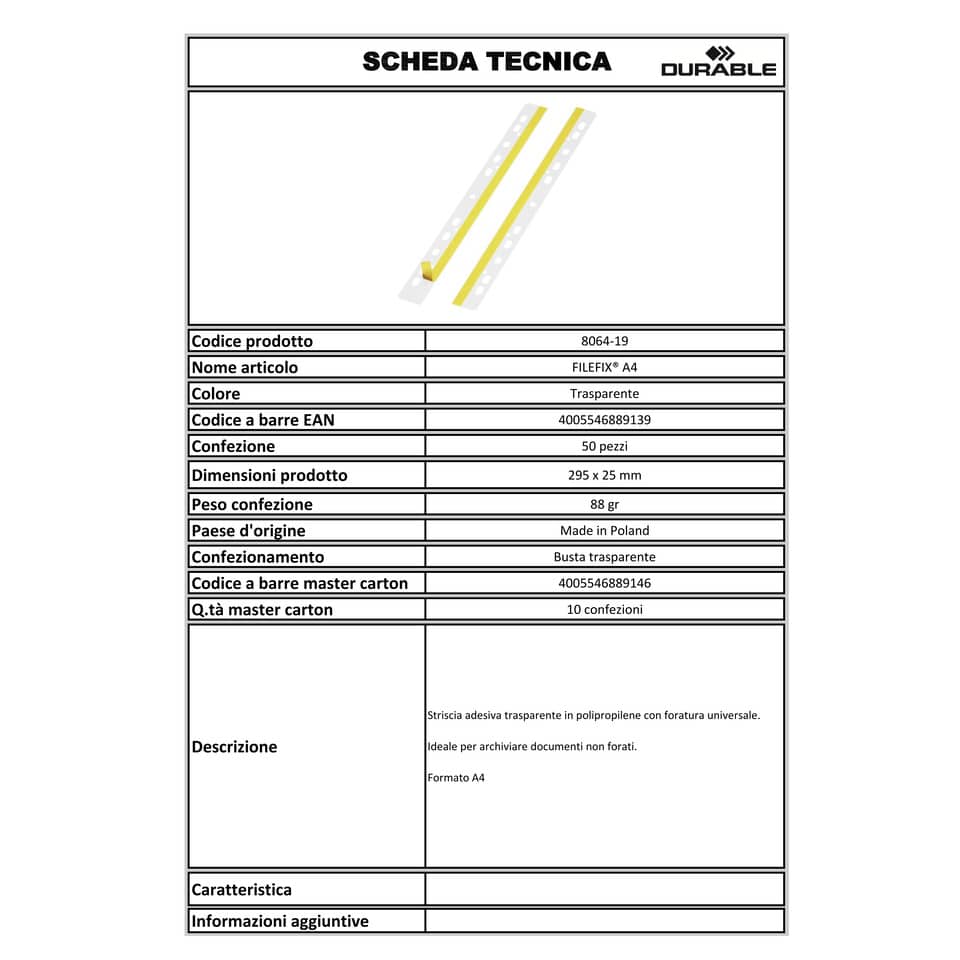 Striscie adesive a foratura universale DURABLE A4 trasparente conf. 50 pezzi 806419