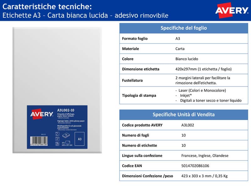 Etichette bianche rimovibili in carta patinata Avery A3 finitura lucida - 1 et/foglio - conf. 10 fogli - A3L002-10