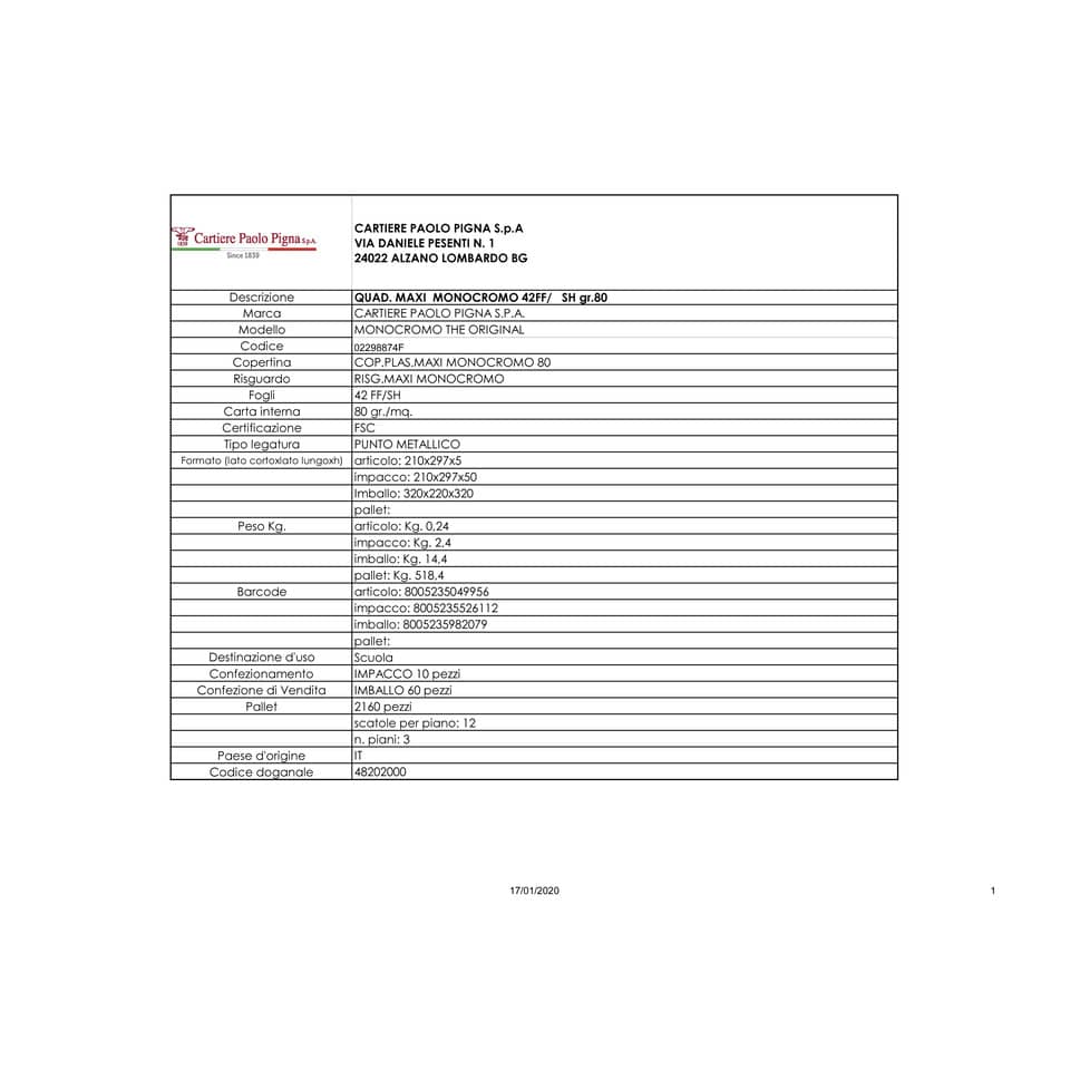 Quaderno 42 fogli PIGNA Monocromo A4 a quadretti 4F con margine assortiti 02298874F