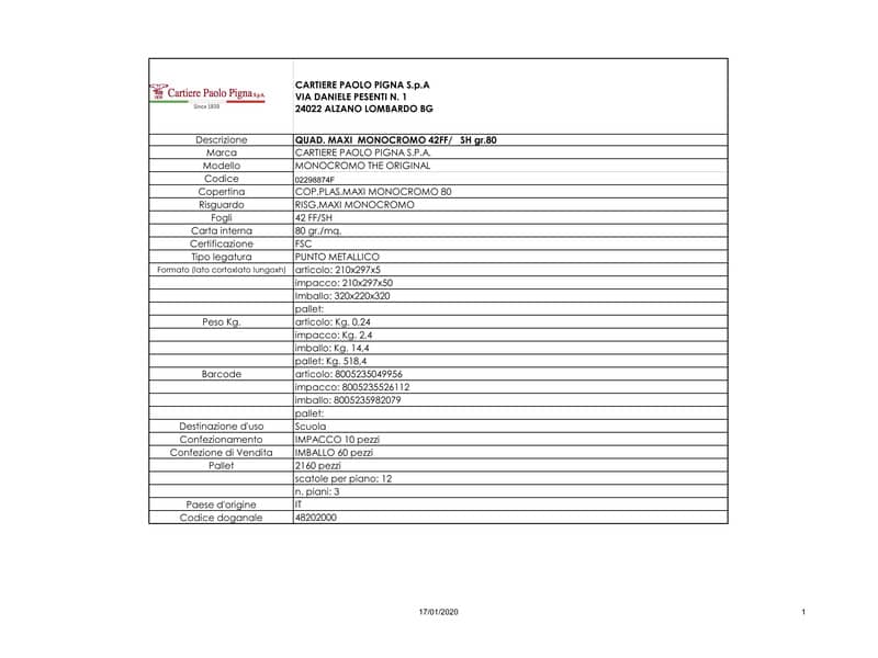 Quaderno 42 fogli PIGNA Monocromo A4 a quadretti 4F con margine assortiti 02298874F