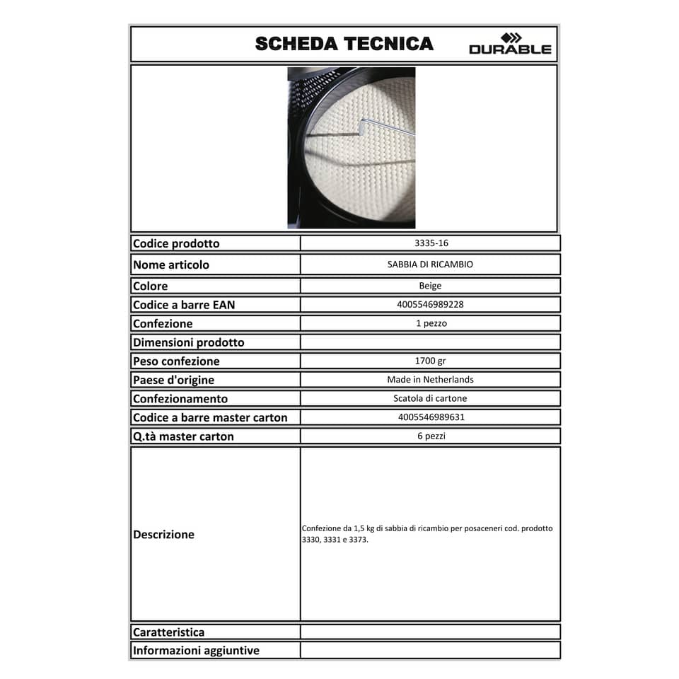 Sabbia di ricambio per posacenere DURABLE 1,5 kg beige 333516