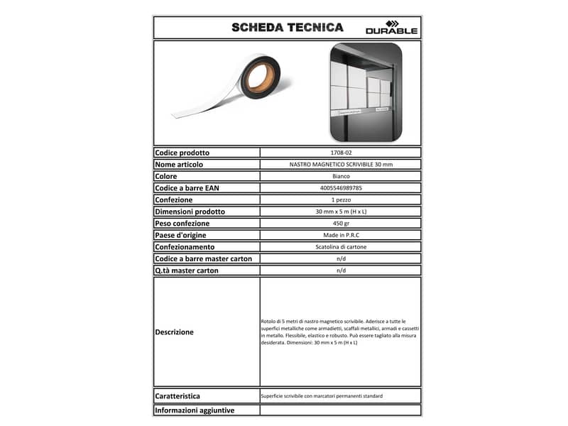 Nastro magnetico DURABLE scrivibile in rotolo bianco Lunghezza 5 mt x h 30 mm 170802