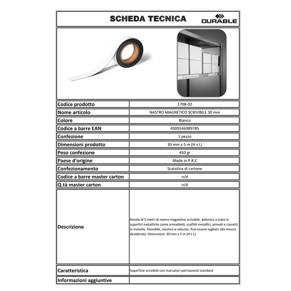 Nastro magnetico DURABLE scrivibile in rotolo bianco Lunghezza 5 mt x h 30 mm 170802