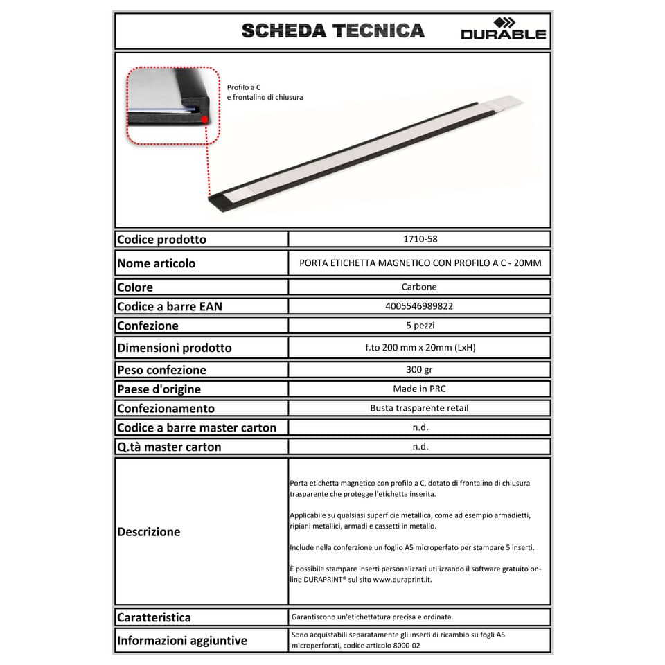 Porta etichette magnetici DURABLE C-PROFILE 20 antracite Lunghezza 200 mm x h 20 mm  conf. 5 - 171058