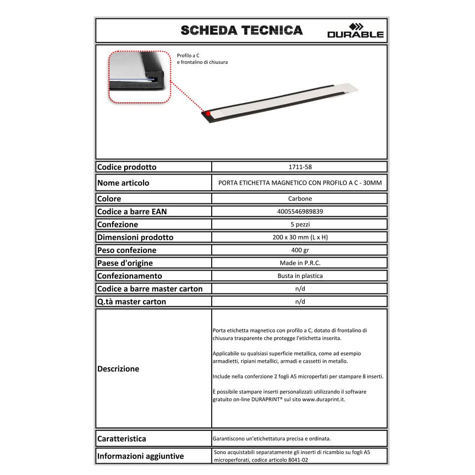 Porta etichette magnetici DURABLE C-PROFILE 30 antracite Lunghezza 200 mm x h 30 mm  conf. 5 - 171158