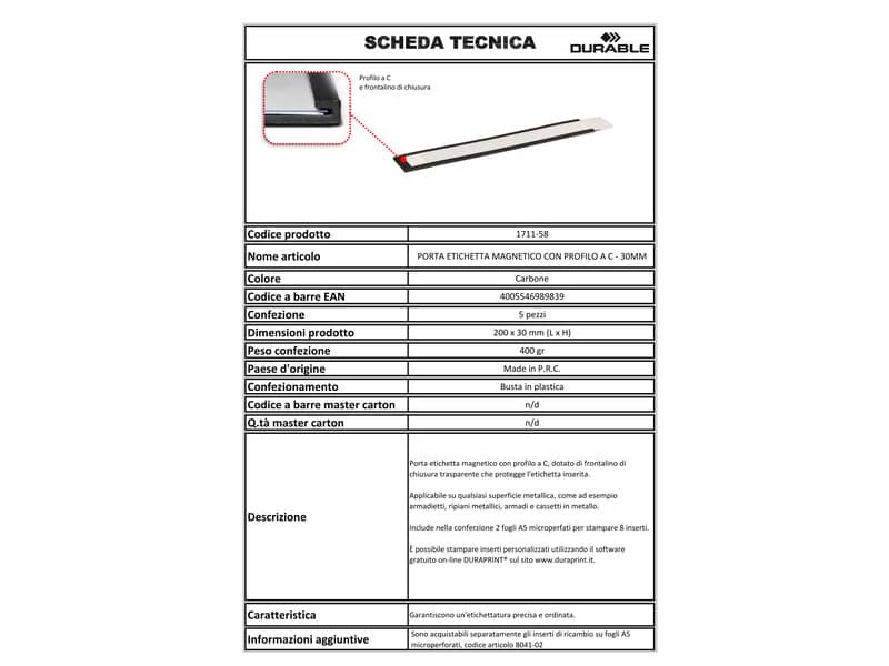 Porta etichette magnetici DURABLE C-PROFILE 30 antracite Lunghezza 200 mm x h 30 mm  conf. 5 - 171158