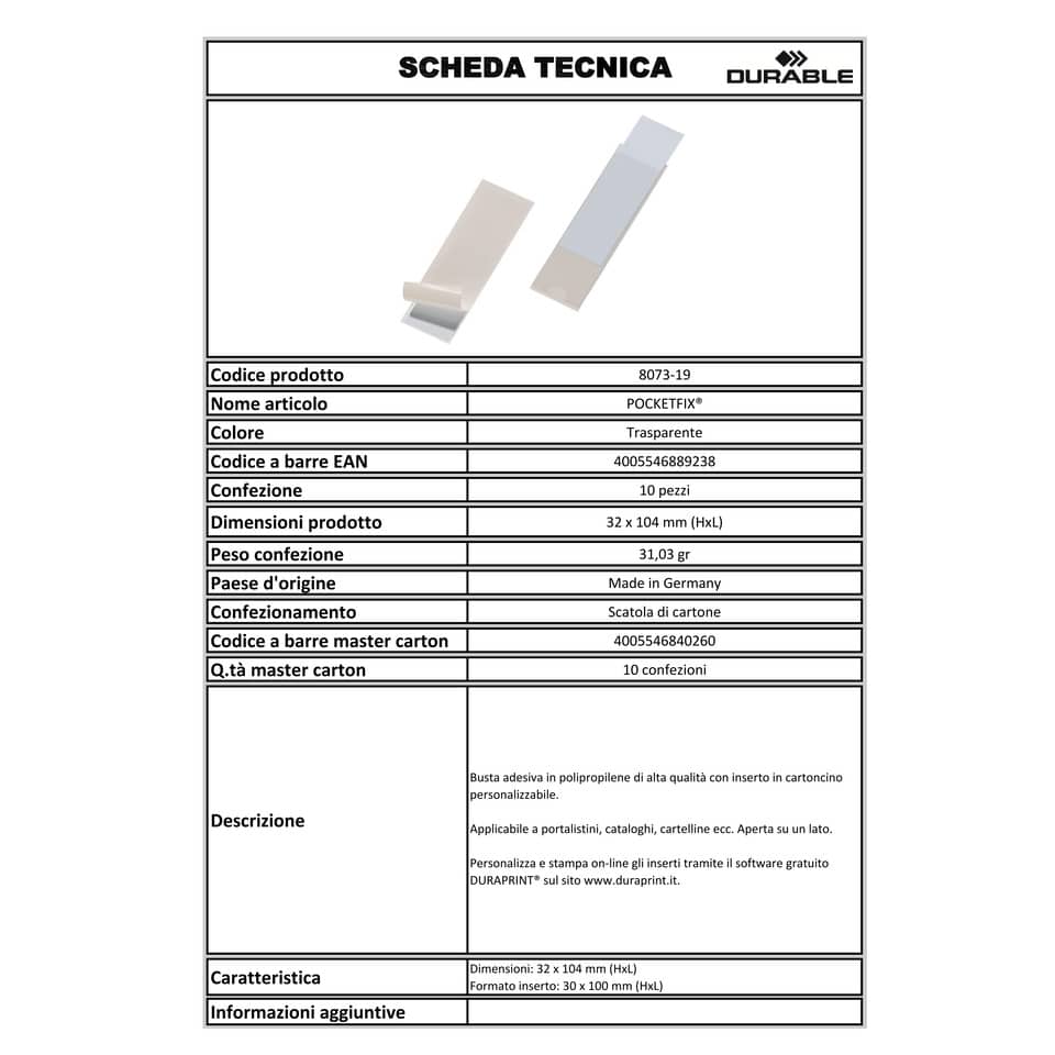 Portaetichette adesivi DURABLE POCKETFIX® 3,2x10,4 cm trasparente conf. 10 pezzi - 807319