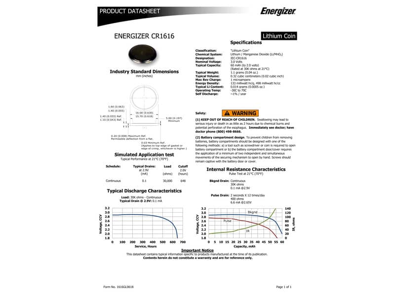 Batteria al litio a bottone ENERGIZER CR1616 E300843903