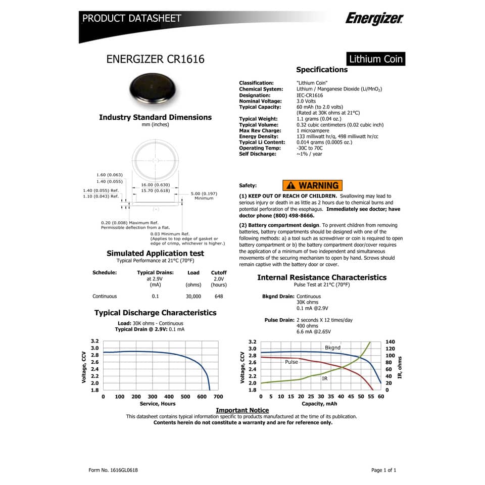 Batteria al litio a bottone ENERGIZER CR1616 E300843903