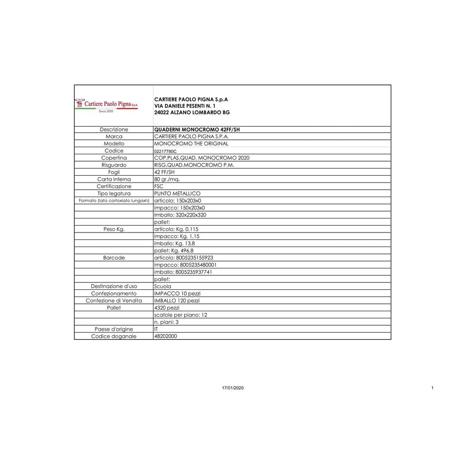 Quaderno 42 fogli PIGNA Monocromo A5 a righe C assortiti 02217780C