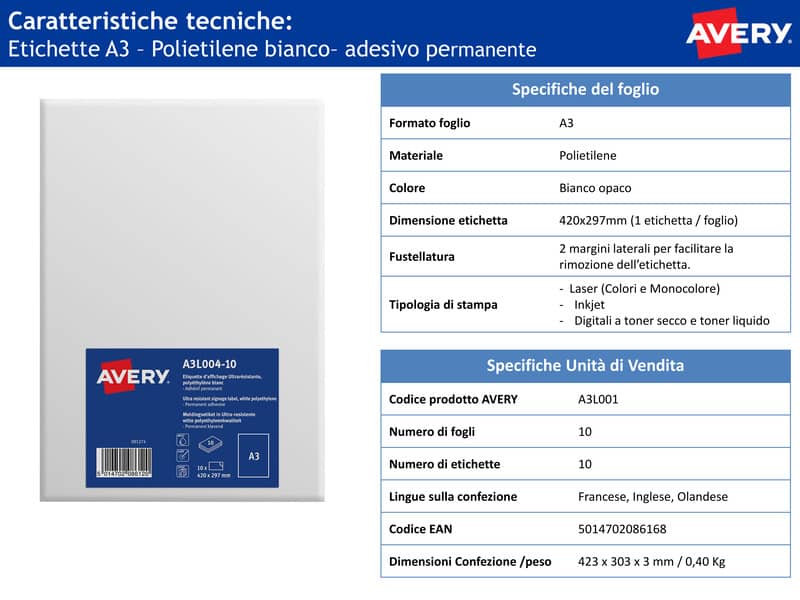 Etichette permanenti polietilene bianco opaco Avery A3 1 et/foglio - stampa digitale - conf. 10 fogli - A3L004-10