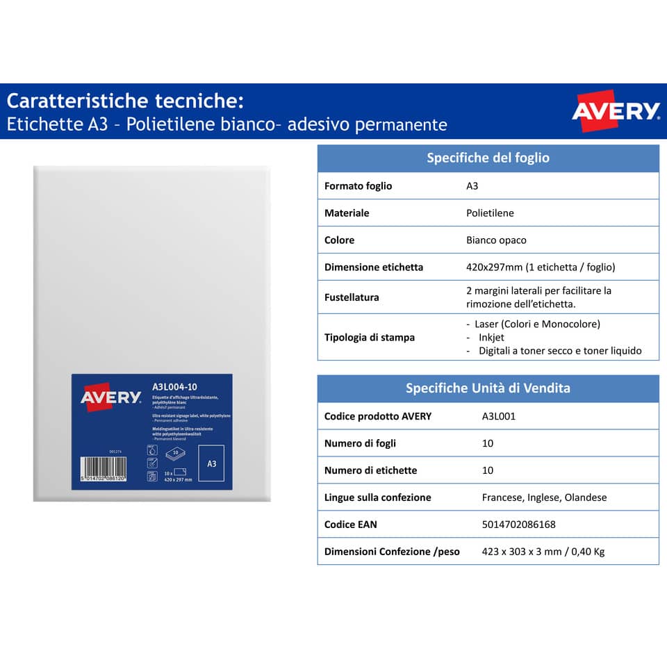 Etichette permanenti polietilene bianco opaco Avery A3 1 et/foglio - stampa digitale - conf. 10 fogli - A3L004-10