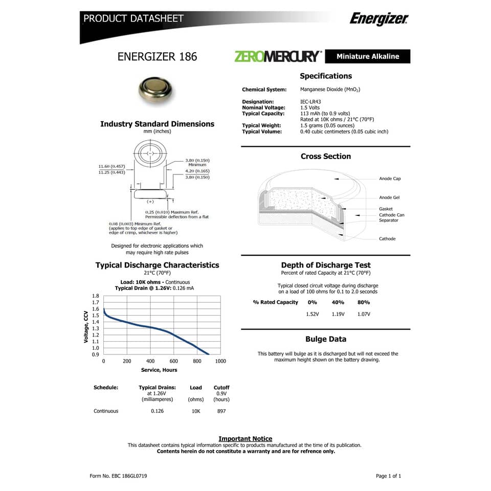 Batterie alcaline a bottone ENERGIZER LR43/186 conf. da 2 - E301536500