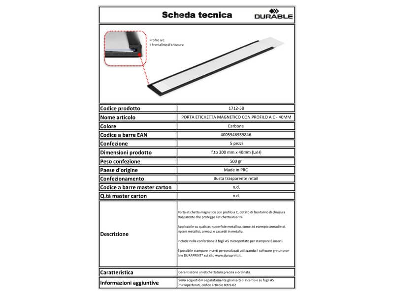 Porta etichette magnetici DURABLE C-PROFILE 40 antracite Lunghezza 200 mm x h 40 mm  conf. 5 - 171258