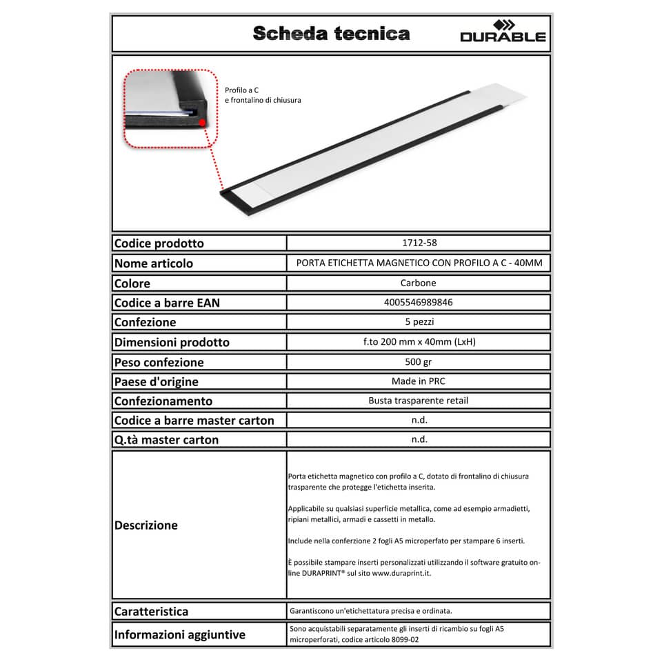 Porta etichette magnetici DURABLE C-PROFILE 40 antracite Lunghezza 200 mm x h 40 mm  conf. 5 - 171258