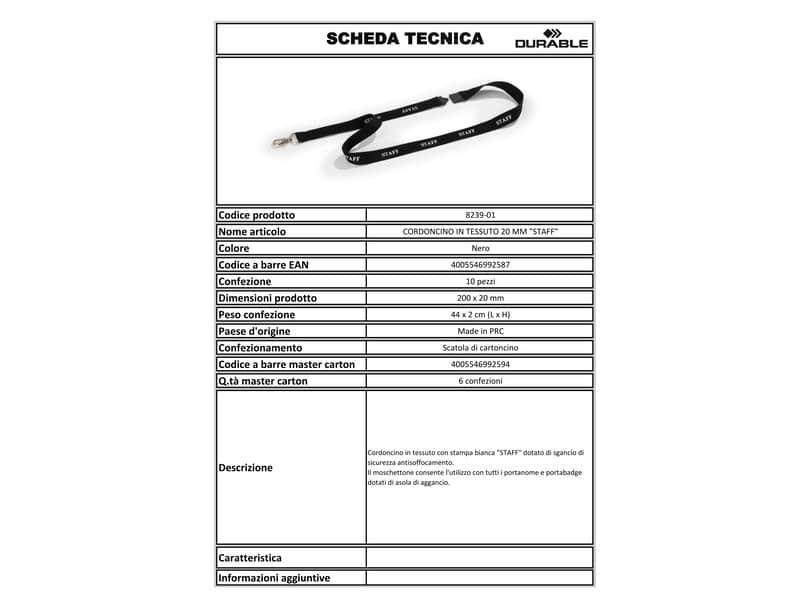 Cordoncino portabadge STAFF DURABLE cordoncini STAFF in tessuto nero 20mm x 44cm  conf. da 10 - 823901