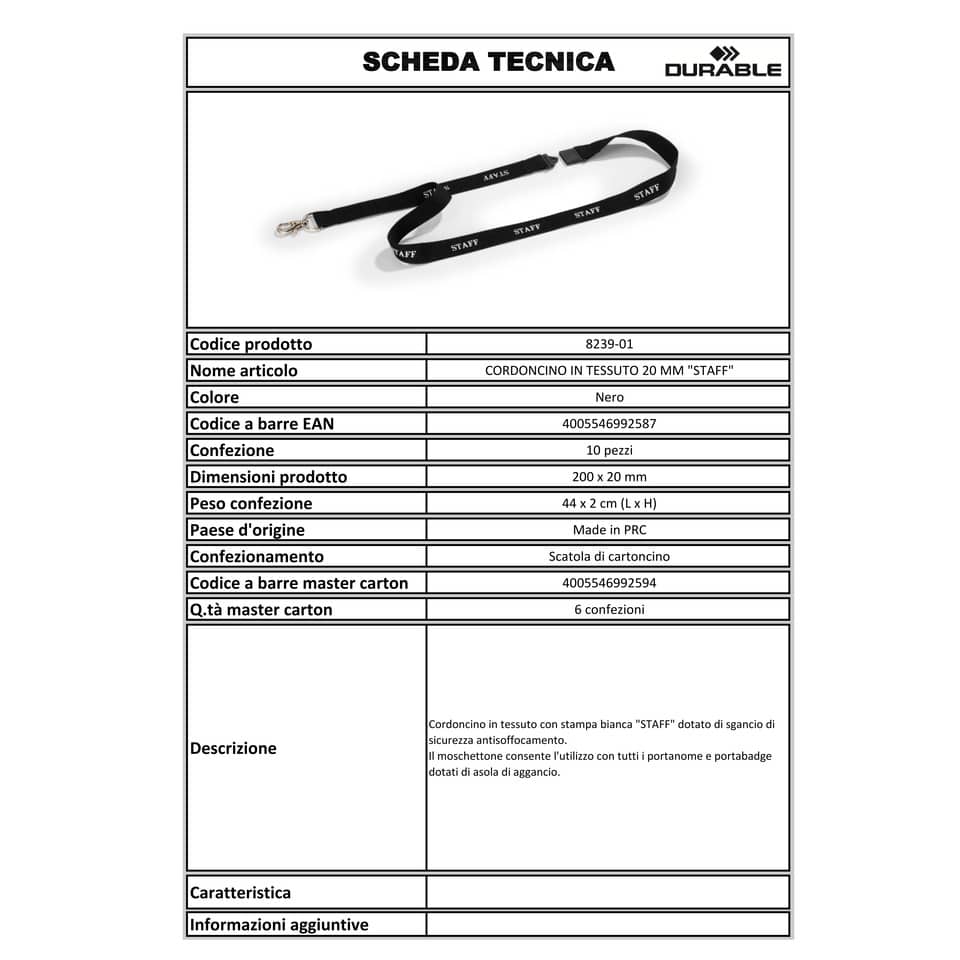 Cordoncino portabadge STAFF DURABLE cordoncini STAFF in tessuto nero 20mm x 44cm  conf. da 10 - 823901