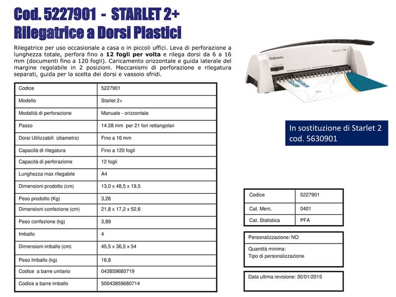 Rilegatrice a dorsi plastici FELLOWES Starlet 2+ 120 capacità di perforazione 12 fogli - 5227901