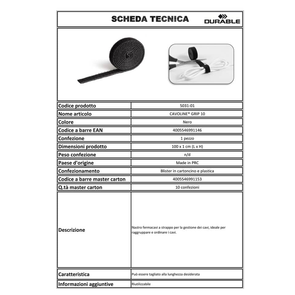 Nastro fermacavi a strappo DURABLE CAVOLINE GRIP 10 nero 1m x 10mm conf. da 10 - 503101