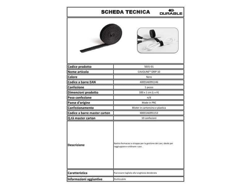 Nastro fermacavi a strappo DURABLE CAVOLINE GRIP 10 nero 1m x 10mm conf. da 10 - 503101
