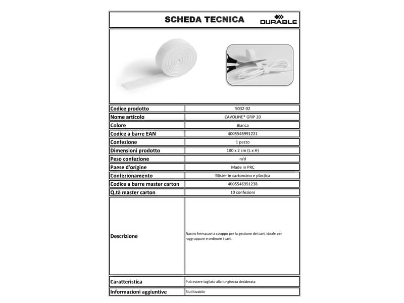 Nastro fermacavi a strappo DURABLE CAVOLINE GRIP 20 nero 1mx20mm 503201