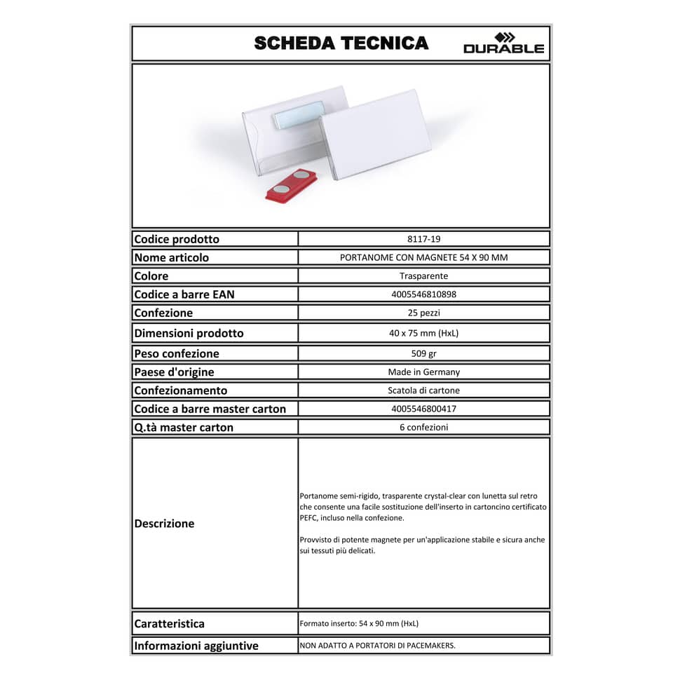 Portanomi DURABLE con magnete trasparente inserto 54x90mm conf. 25 - 811719
