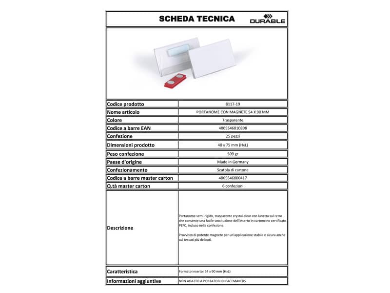 Portanomi DURABLE con magnete trasparente inserto 54x90mm conf. 25 - 811719