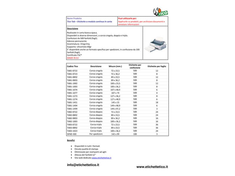 Etichette bianche a modulo continuo TICO Tab 1 corsia 145x15 mm - 18 et/foglio - 500 fogli - 9000 etichette - TAB1-1451