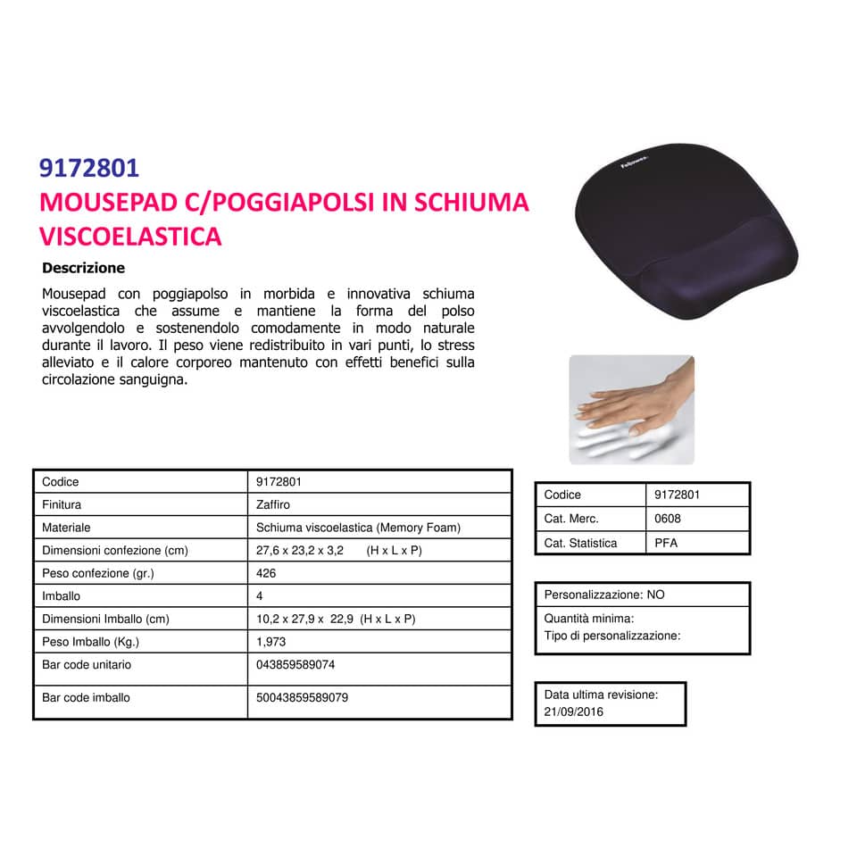 Tappetino mouse con poggiapolsi FELLOWES Memory Foam - Zaffiro blu 27,6x23,2x3,2 cm - 9172801