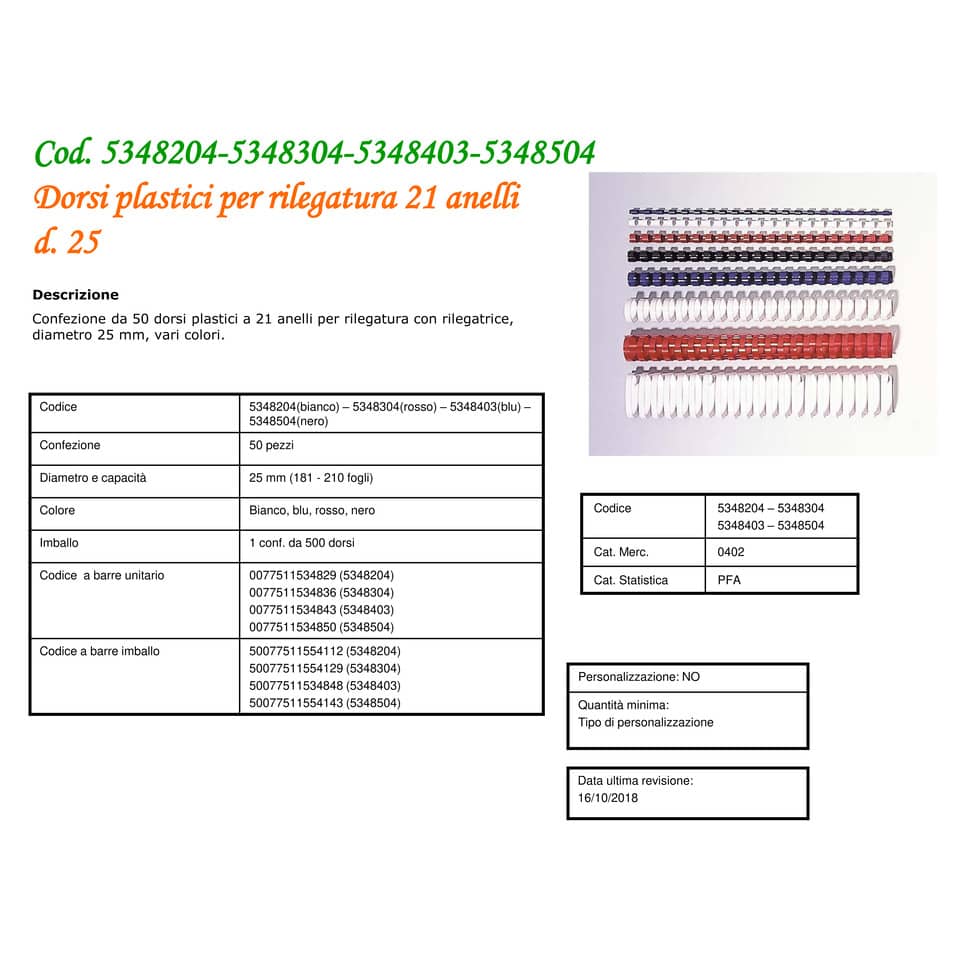 Dorsi plastici FELLOWES bianco ad anello tondo 25 mm - 181-200 fogli 31x3,2x22,5 cm conf.50 - 5348204