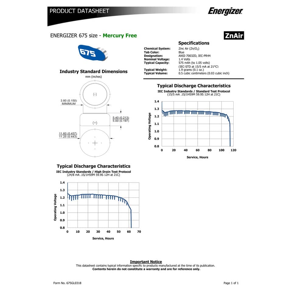 Batterie a bottone ENERGIZER 675  conf. da 4 - E001082205