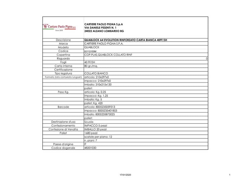 Quaderno 40 fogli a 4 fori PIGNA Quablock Evolution A4 a quadretti 5M assortiti - 02112155M