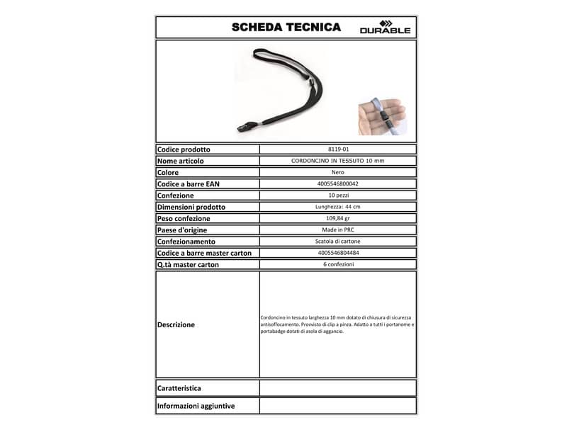 Cordoncino per portabadge DURABLE tessuto nero 10mm x 44cm  conf. 10 - 811901