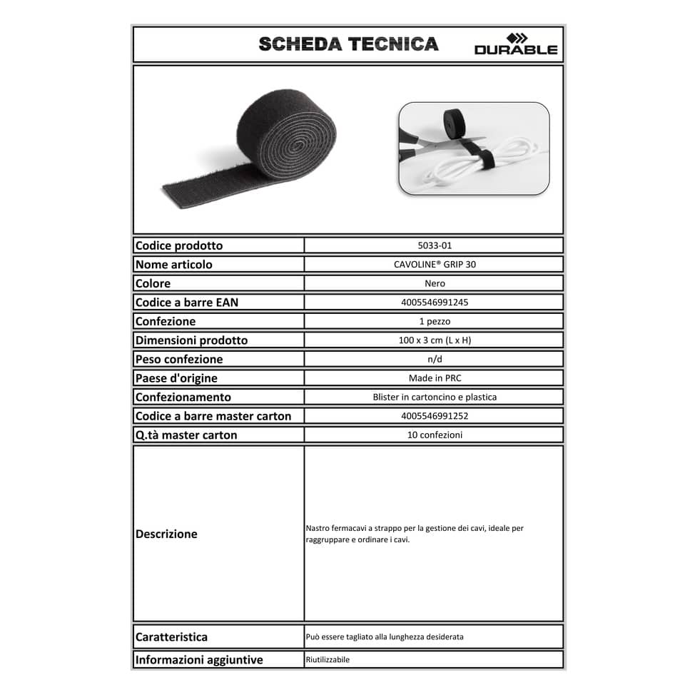 Nastro fermacavi a strappo DURABLE CAVOLINE GRIP 30 nero 1mx30mm 503301