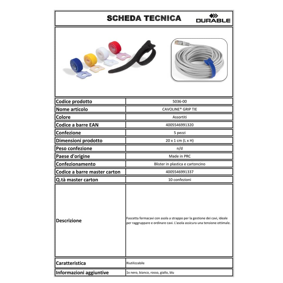 Fascette fermacavi a strappo con asola DURABLE CAVOLINE GRIP TIE 20x1 cm colori assortiti  Conf. 5 pezzi - 503600
