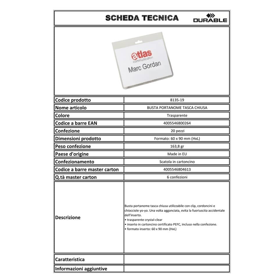 Portanomi DURABLE tasca chiusa trasparente 90x60 mm conf. 20 - 813519