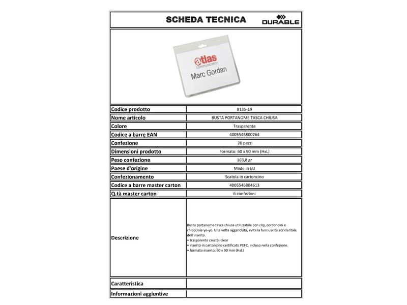 Portanomi DURABLE tasca chiusa trasparente 90x60 mm conf. 20 - 813519