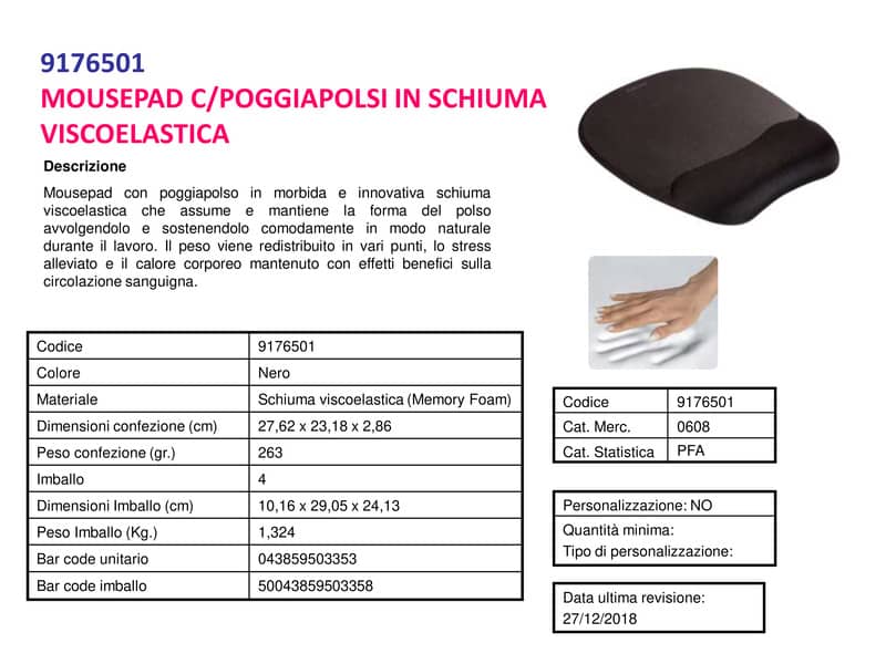 Tappetino mouse con poggiapolsi FELLOWES Memory nero 27,6x23,2x3,2 cm- 9176501