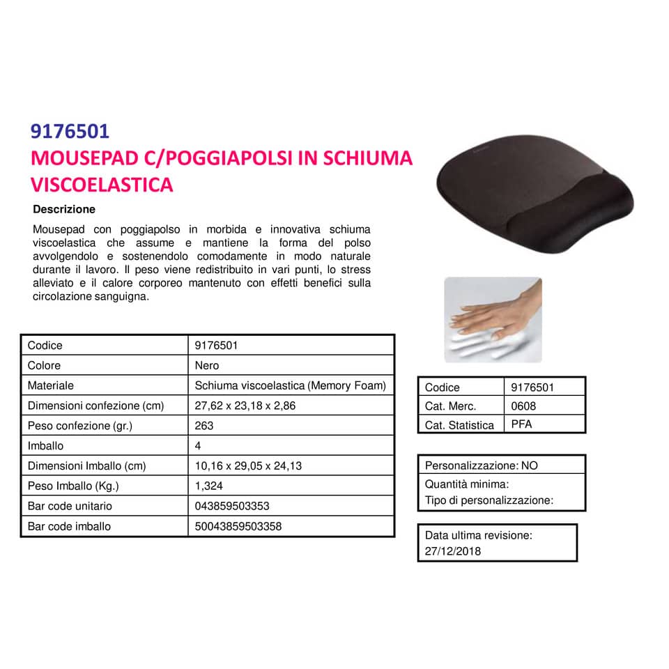 Tappetino mouse con poggiapolsi FELLOWES Memory nero 27,6x23,2x3,2 cm- 9176501
