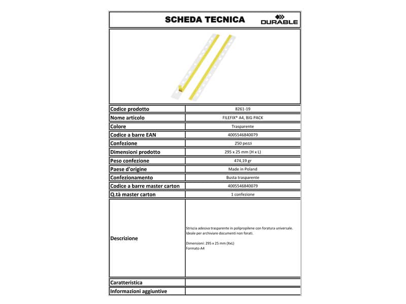 Striscie adesive a foratura universale DURABLE A4 trasparente conf. 250 pezzi 826119